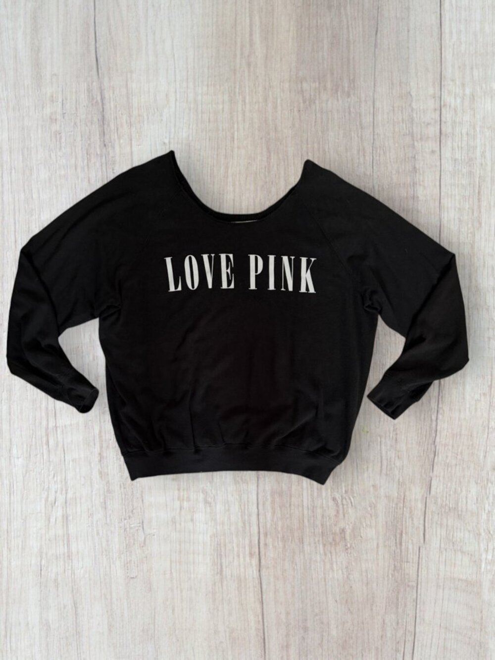 PINK Victoria's Secret Love Pink Black Wide Neck Sweatshirt Pullover L